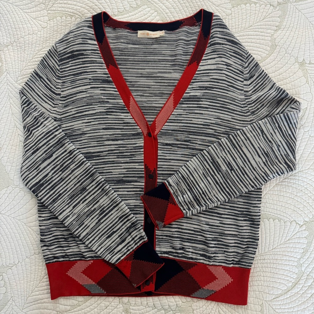 Tory Burch Red and Navy Arielle Cardigan- Size XL